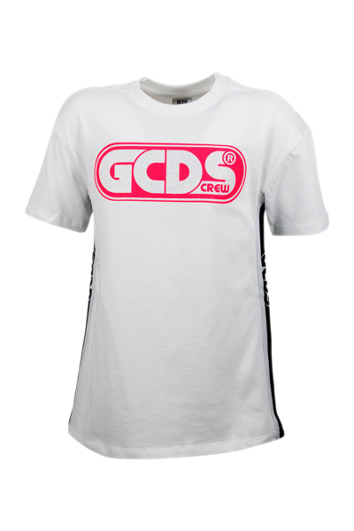 Gcds Kids' Short Sleeve Dress With Fluo And Lurex Writing In White