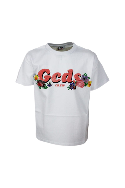Gcds Kids' Short Sleeve Crew Neck T-shirt With Rhinestone Applications In White