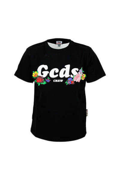 Gcds Kids' Short Sleeve Crew Neck T-shirt With Rhinestone Applications In Black