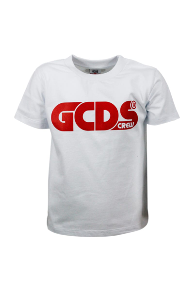Gcds Kids' Short Sleeve Crewneck T-shirt With Logo And Fluorescent Lettering In White