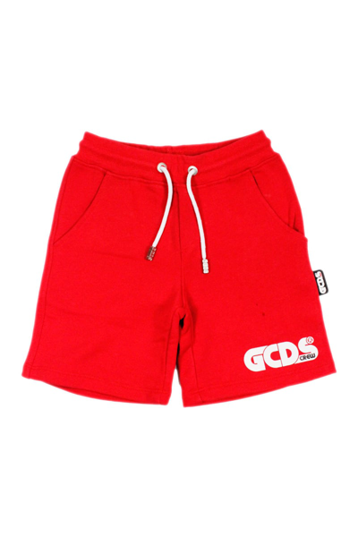 Gcds Kids' Fleece Bermuda Shorts With Drawstring Waist And Writing In Red