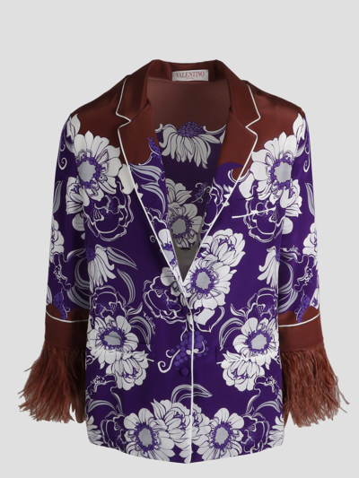 Valentino Feather-trimmed Printed Silk Crepe De Chine Shirt In Pink & Purple