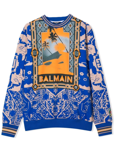 Balmain Kids' Blue Cotton Sweatshirt In Multicolor