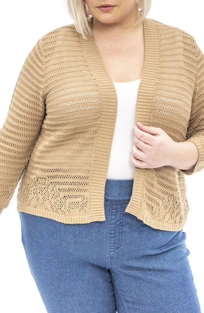 Nina Leonard Pointelle Knit Cardigan In Tan