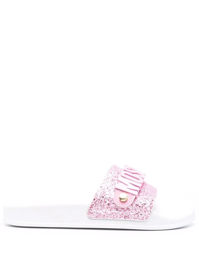 Moschino Embossed-logo Open-toe Slides In Pink