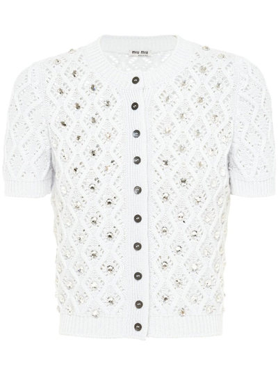Miu Miu Rhinestone-embellished Cropped Cardigan In Cloudy Gray