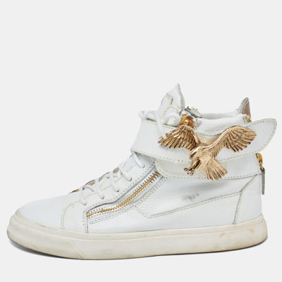 Pre-owned Giuseppe Zanotti White Leather Embellished High Top Trainers Size 38.5