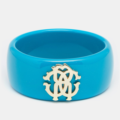 Pre-owned Roberto Cavalli Teal Blue Logo Wide Bangle Bracelet