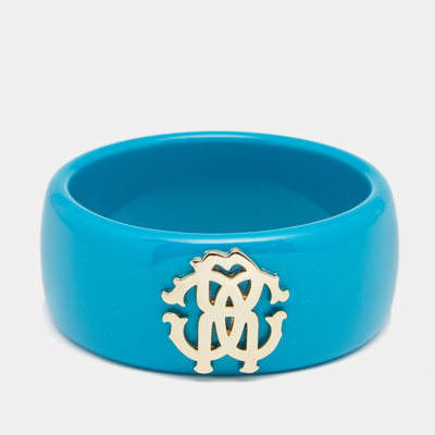Pre-owned Roberto Cavalli Teal Blue Logo Wide Bangle Bracelet
