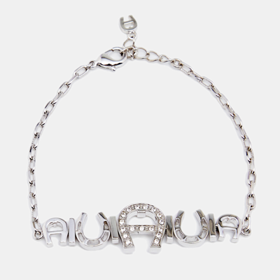 Pre-owned Aigner Silver Tone Crystal Logo & Horseshoe Bracelet
