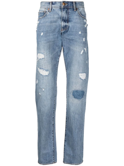 Armani Exchange Distressed High-rise Straight Leg Jeans In Blau