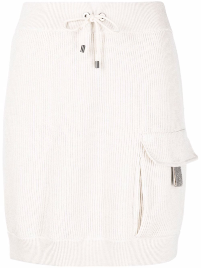Brunello Cucinelli Drawstring Ribbed-knit Miniskirt In 白色