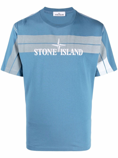Stone Island Logo-embroidered Striped T-shirt In Blue