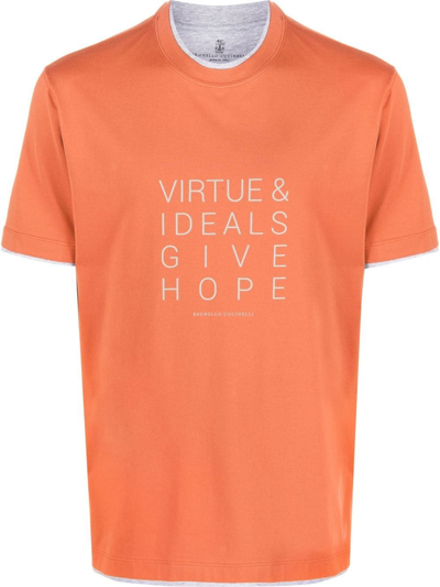 Brunello Cucinelli Slogan-print Round-neck T-shirt In Orange