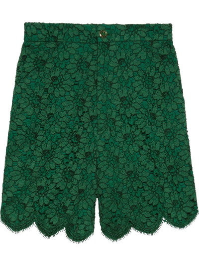Gucci Scallop-edge Floral-embroidered Lace Shorts In Yard
