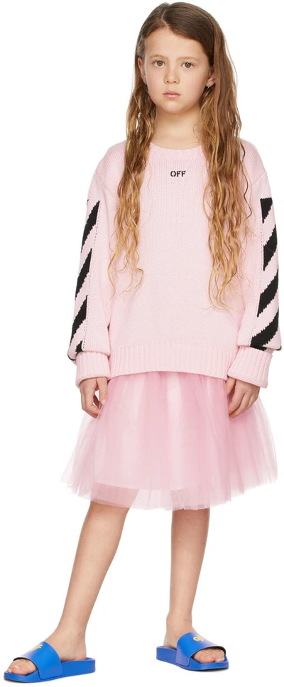 Off-white Kids Pink Tulle Logo Band Skirt In Pink Black