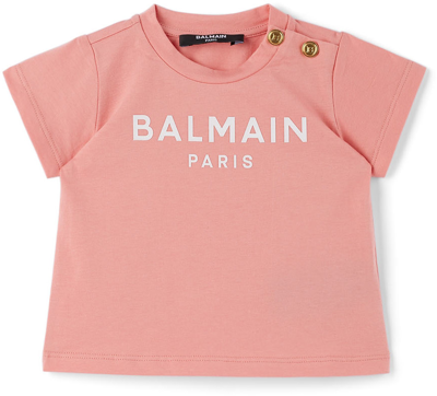 Balmain Babies' Logo印花圆领t恤 In Coral