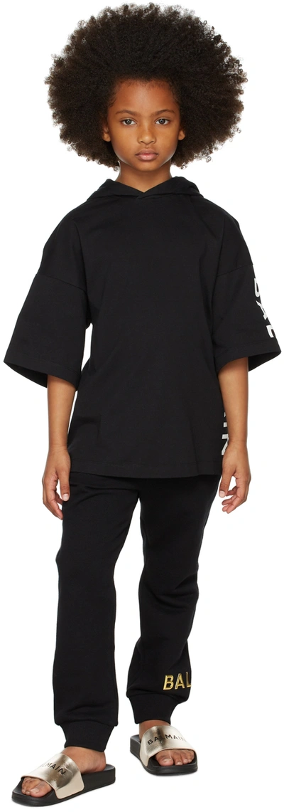 Balmain Kids Black Logo Short Sleeve Hoodie In 930bc Black