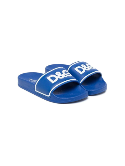 Dolce & Gabbana Kids' Logo-print Pool Slides In Blue