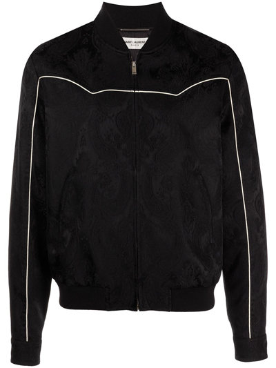 Saint Laurent Teddy Paisley Satin Bomber Jacket In Black