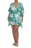 Boho Me Tie Front Short Sleeve Cover-up In White/ Green Print
