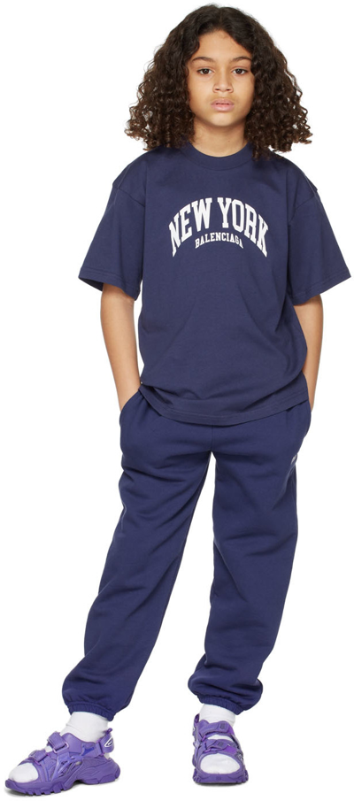 Balenciaga Kids Blue Cities New York T-shirt In 3967 Marine Blue/whi