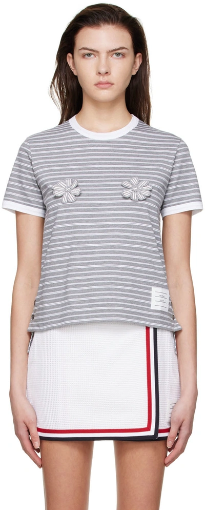 Thom Browne Three-dimensional Floral-detail Striped Ringer T-shirt In 035 Med Grey