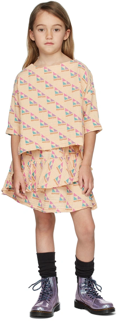 Repose Ams Kids Beige Allover Logo Skirt In Repose All Over Prin