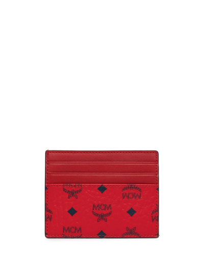 Mcm Mini Visetos Canvas Card Case With Money Clip In Candy Red