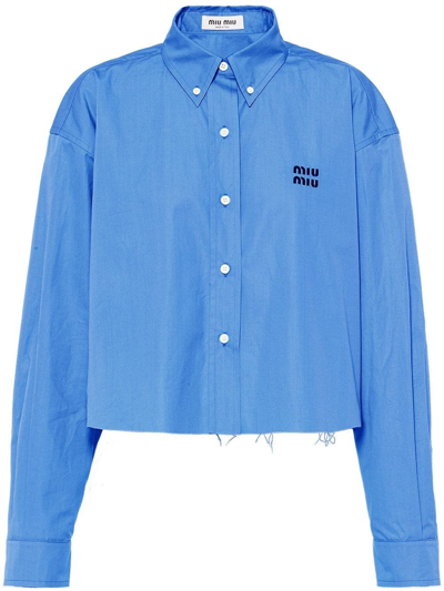 Miu Miu Embroidered Logo Cropped Shirt In Blue