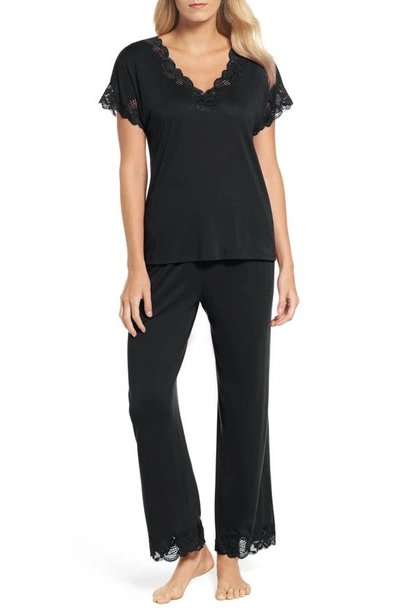 Natori Zen Floral-trim Short-sleeve Pyjama Set In Black