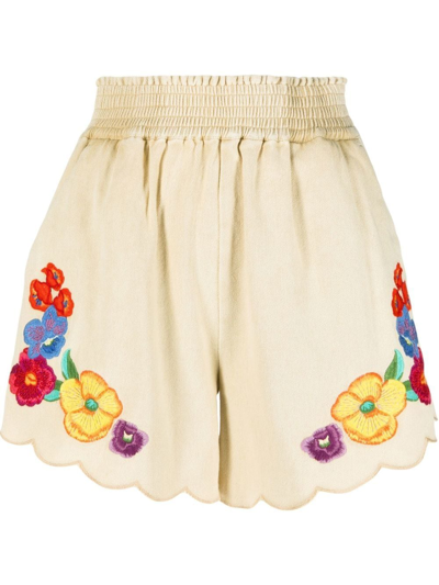 Twinset Floral-embroidered Scalloped Shorts In Sand