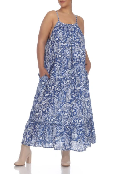 Boho Me Scoop Neck Spaghetti Strap Floral Print Maxi Dress In Blue Paisley Print