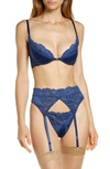 Coquette Underwire Bra, Garter Belt & Thong Set In Navy