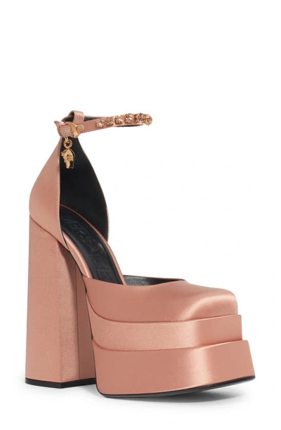 Versace Satin-finish Block-heel Sandals In Mauvelous-gold