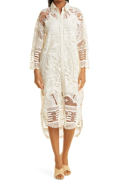 Farm Rio Off-white Guipure Lace Midi Shirtdress In Ivory