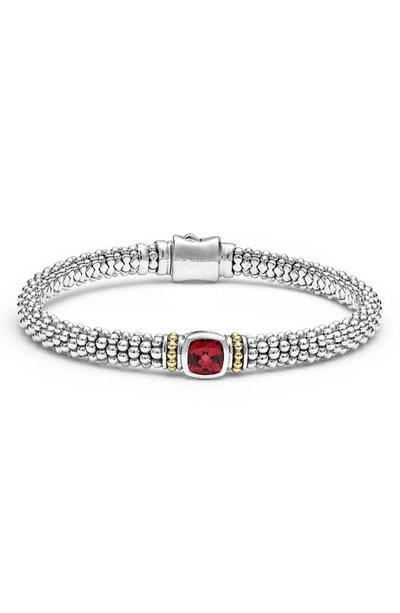 Lagos Sterling Silver & 18k Yellow Gold Caviar Color Rhodolite Garnet Solitaire Link Bracelet