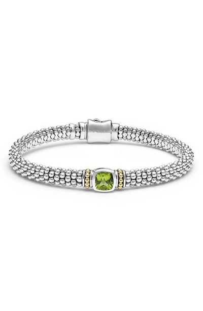 Lagos Sterling Silver & 18k Yellow Gold Caviar Color Peridot Solitaire Link Bracelet In Green/silver