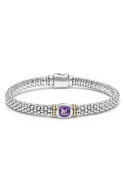 Lagos Sterling Silver & 18k Yellow Gold Caviar Color Amethyst Solitaire Link Bracelet In Purple/silver