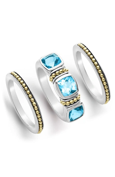 Lagos Caviar Color Blue Topaz Triple 6mm Cushion-set Ring In Blue/silver