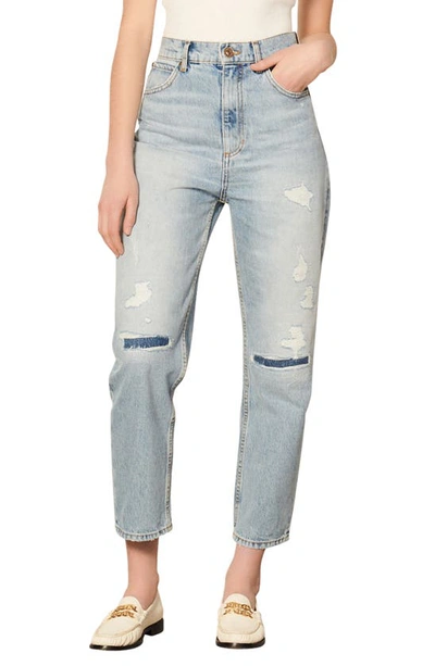 Sandro Guylain High Waist Distressed Straight Leg Jeans In Light Blue