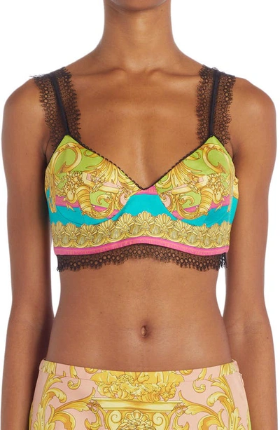 Versace Barocco Goddess Silk Bralette In Yellow,green,light Blue,fuchsia