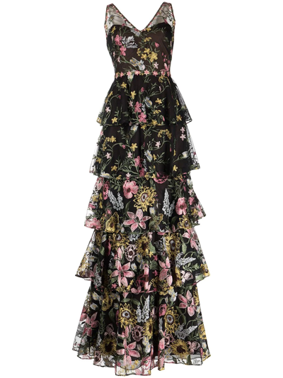 Marchesa Notte Tiered Floral-embroidered Tulle Gown In Black