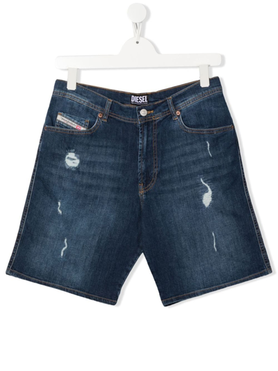Diesel Teen Pwilloh Distressed-denim Shorts In Blue