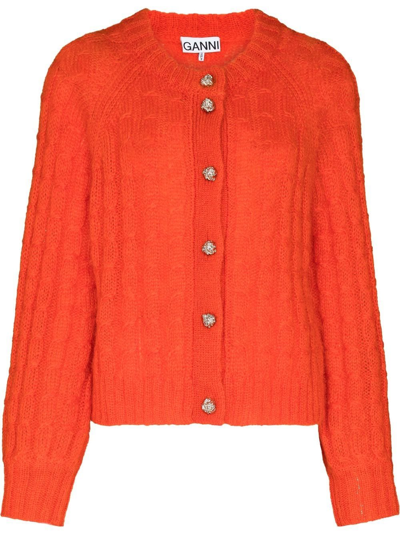 Ganni Crystal-embellished Button Cardigan In Orange