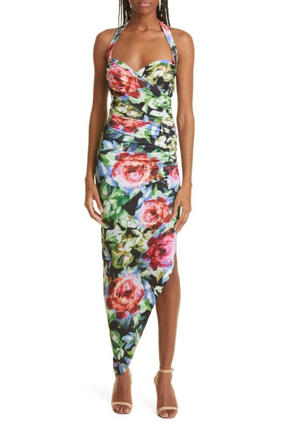 Norma Kamali Cayla Ruched Side Drape Halter Gown In Rose Garden