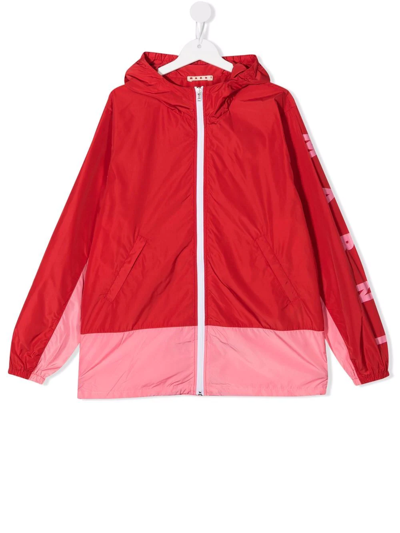 Marni Teen Two-tone Zip-up Hooded Jacket In Red