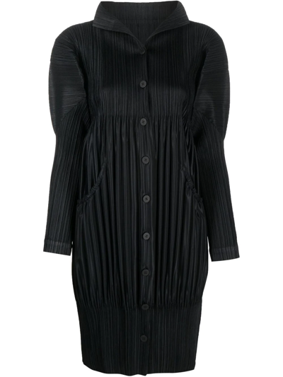 Pre-owned Issey Miyake 2000s Pleats Please Plissé Button-up Dress In Black