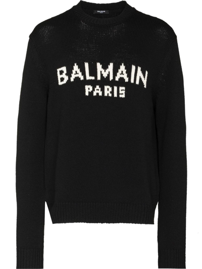 Balmain Logo Intarsia Crew Neck Jumper In Black