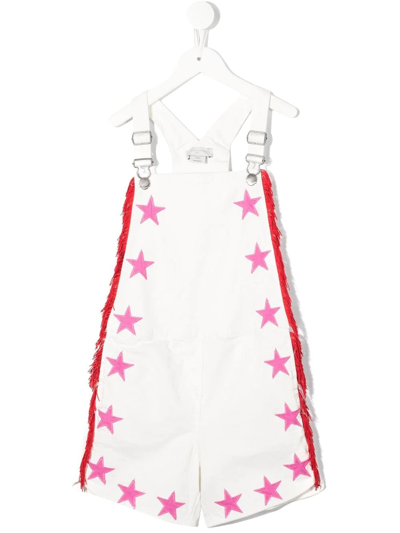 Stella Mccartney Kids Dungarees In White Denim With Stars And Fringes In Avorio/rosso